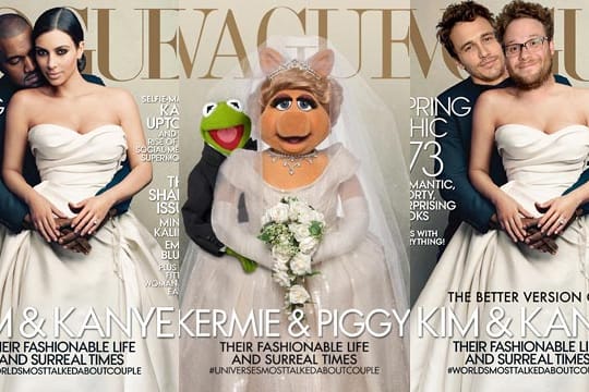 Kim Kardashian und Kanye West auf dem "Vogue"-Cover (li.), parodiert von den Muppets (mi.) und James Franco mit Seth Rogen (re.)