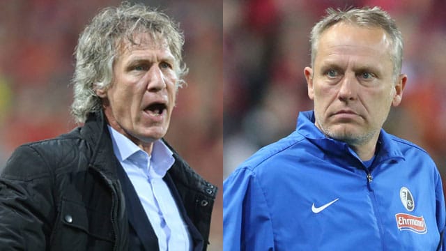 Gerieten beim Abstiegskrimi in Freiburg heftig aneinander: Gertjan Verbeek (li.) und Christian Streich. Gerieten beim Abstiegskrimi in Freiburg heftig aneinander: Gertjan Verbeek (li.) und Christian Streich.