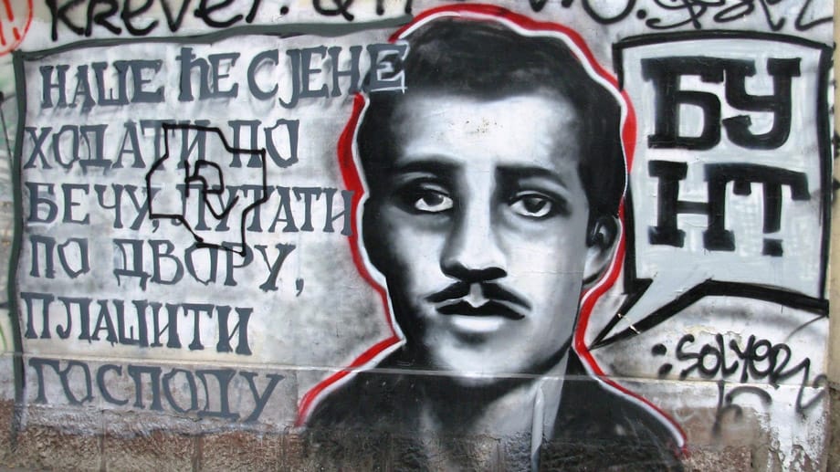Ein Graffiti in Sarajevo zeigt Gavrilo Princip, den Studenten, der mit seinem Attentat auf den österreichischen Thronfolger Franz Ferdinand den Ersten Weltkrieg ausgelöst hat.