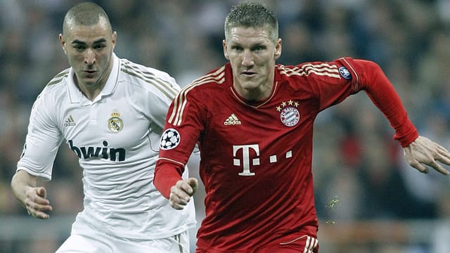 Karim Benzema (li.) trifft mit Real Madrid auf Bastian Schweinsteiger und den FC Bayern München. Karim Benzema (li.) trifft mit Real Madrid auf Bastian Schweinsteiger und den FC Bayern München.