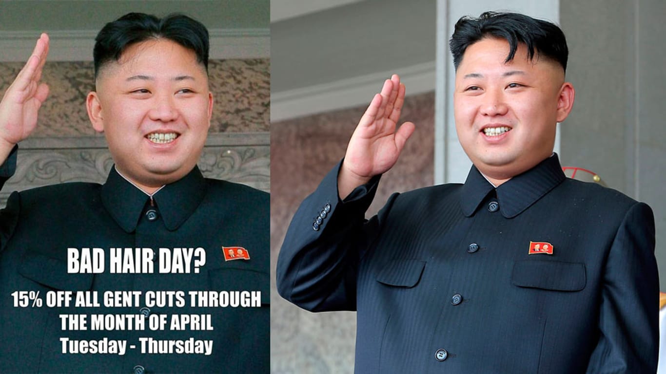 Das Plakat eines Londoner Friseurs wirbt mit Nordkoreas Diktator Kim Jong Un