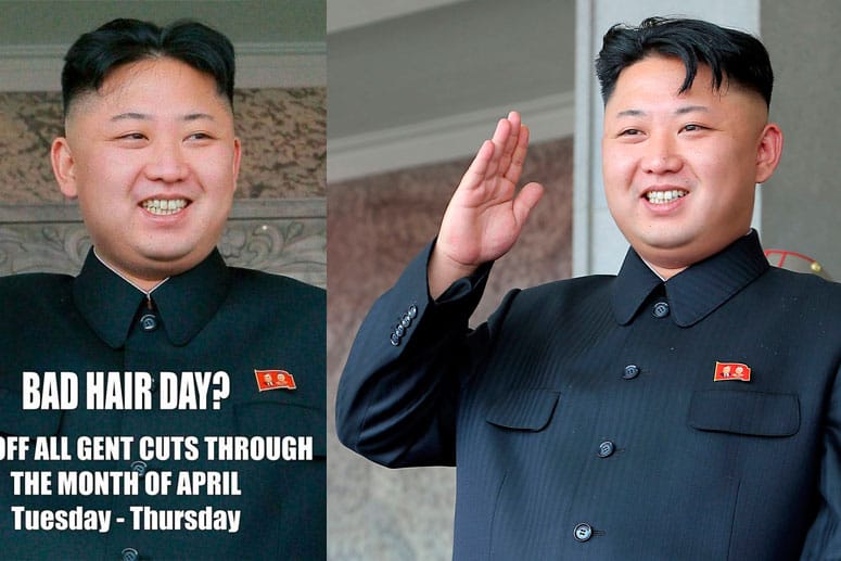 Das Plakat eines Londoner Friseurs wirbt mit Nordkoreas Diktator Kim Jong Un