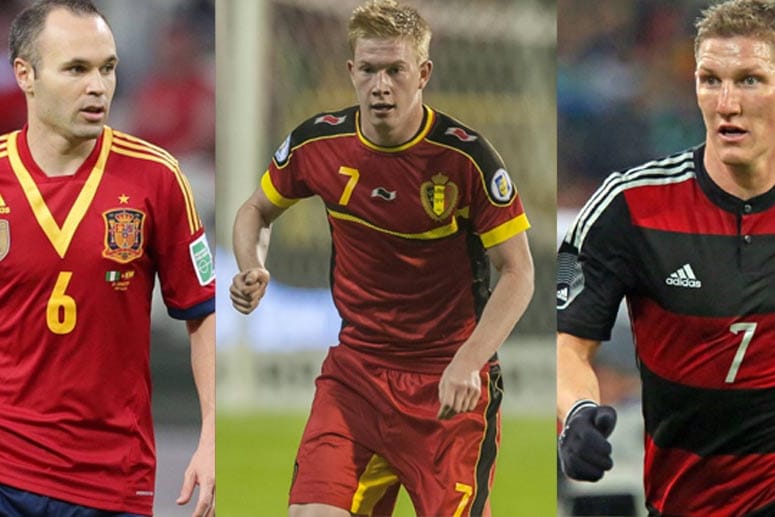 Andres Iniesta, Kevin de Bruyne und Bastian Schweinsteiger: Mit Spanien, Belgien und der deutschen Nationalmannschaft ist bei der WM zu rechnen.