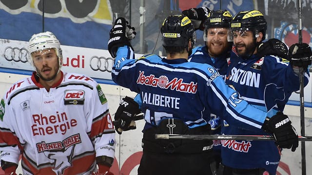 Die Ingolstädter jubeln über den Ausgleich in der DEL-Finalserie gegen Köln.