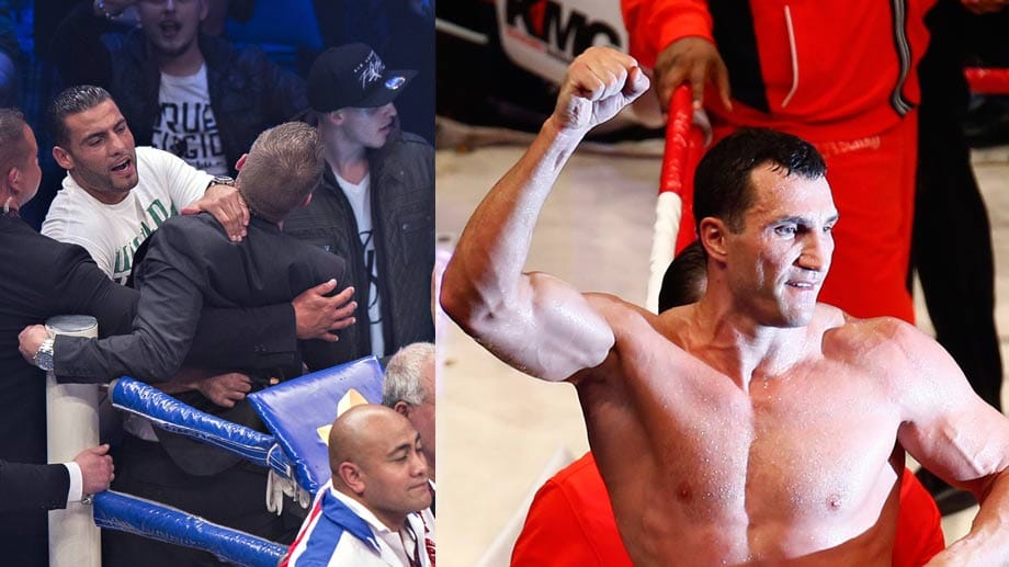 Manuel Charr (li.) stürmt nach Wladimir Klitschkos WM-Sieg an den Ring.