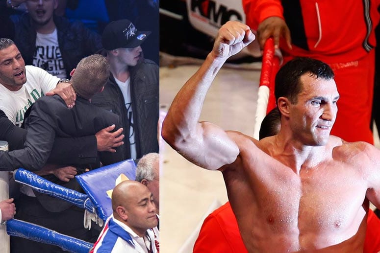 Manuel Charr (li.) stürmt nach Wladimir Klitschkos WM-Sieg an den Ring.