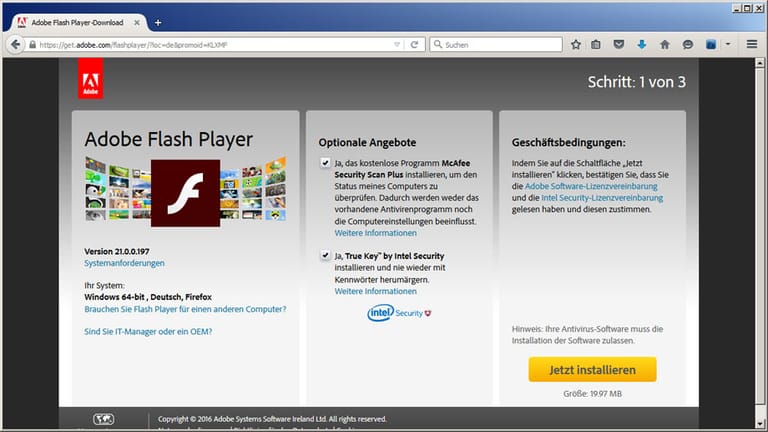Flash Player-Seite von Adobe