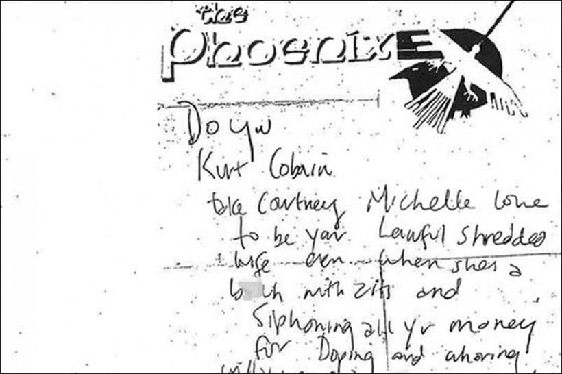 Bei der Leiche von Kurt Cobain hat die Polizei diesen Zettel gefunden. Es ist ein sehr skurriles Eheverprechen an seine Frau Courtney Love, die er hier als "Schlampe mit Pickeln" bezeichnet.