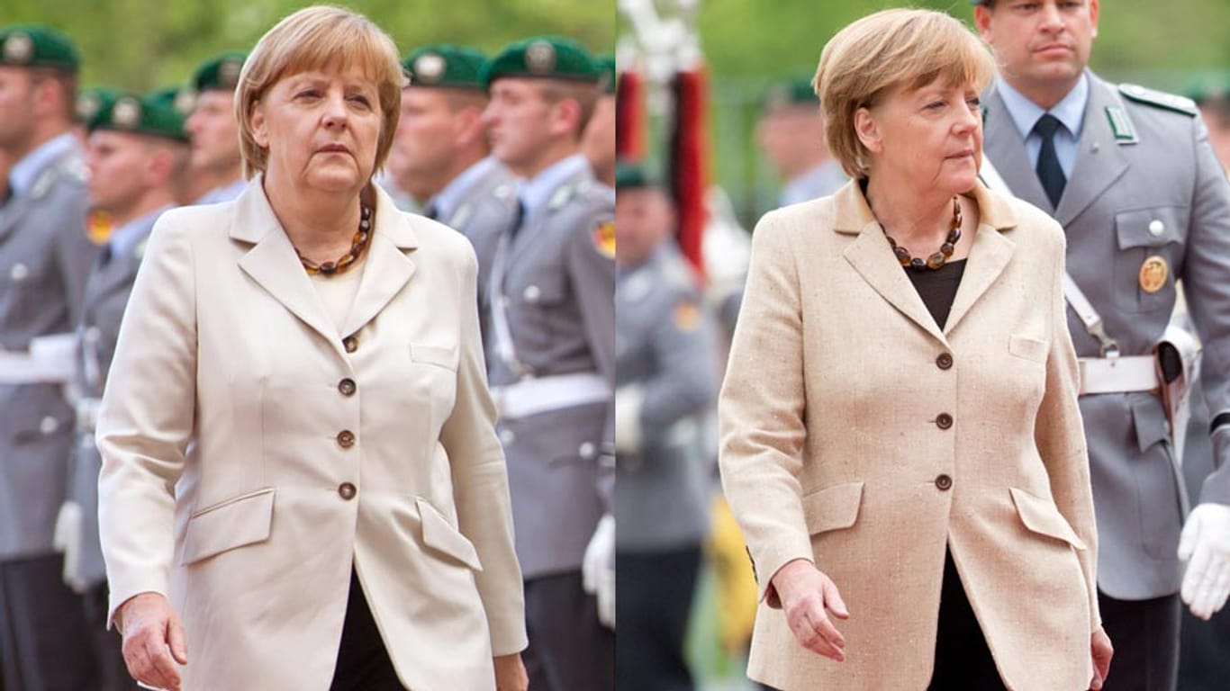 Angela Merkel im Juni 2013 (links) und Anfang Mai vor dem Bundeskanzleramt in Berlin (rechts).