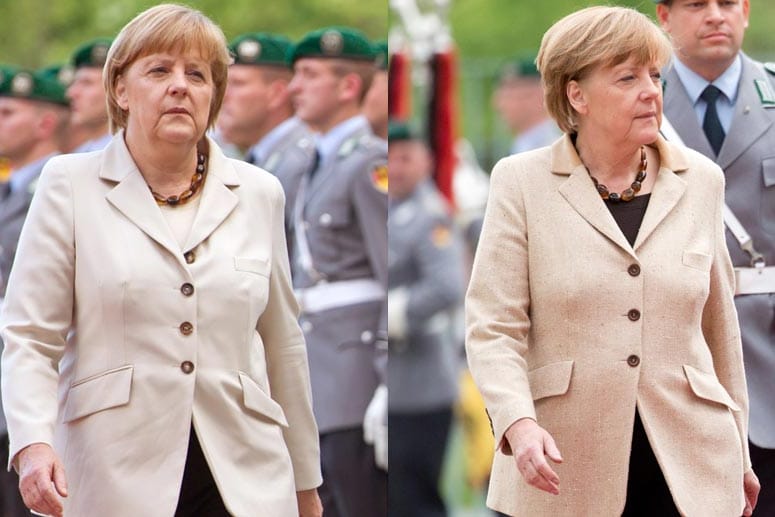 Angela Merkel im Juni 2013 (links) und Anfang Mai vor dem Bundeskanzleramt in Berlin (rechts).