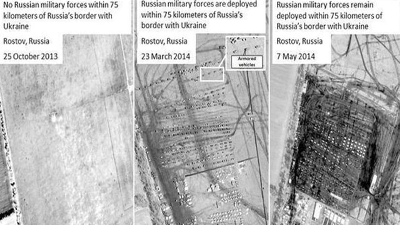 Die Satellitenbilder sollen russische Truppen und Militäranlagen in der Nähe von Rostow am Don, 75 Kilometer von der ukrainischen Grenze entfernt, zeigen.
