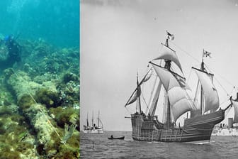 Links eine Kanone - mutmaßlich der Santa Maria - rechts ein Nachbau des Schiffes aus dem 19. Jahrhundert (Fotos: Reuters / AP)