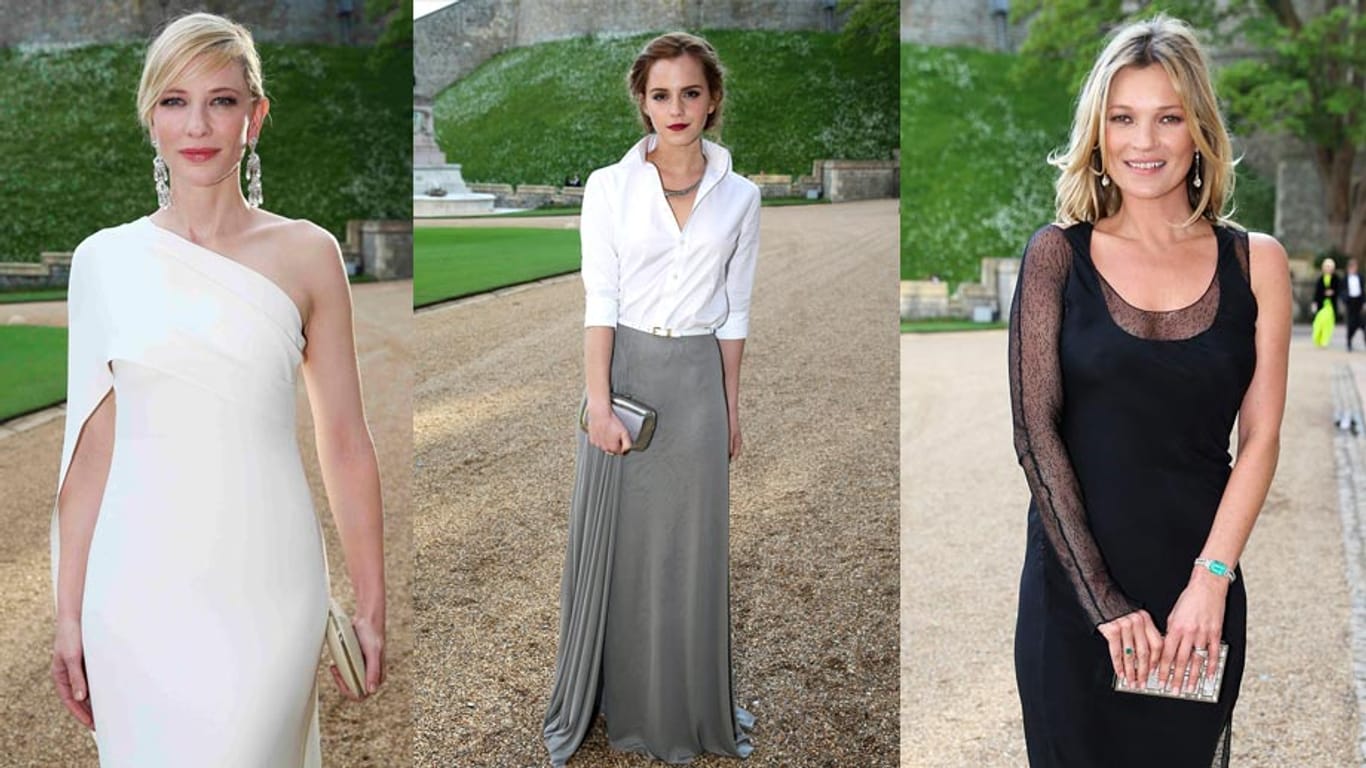 45, 24, 40: Die junge Emma Watson (Mi.) wirkt erstaunlich bieder neben Cate Blanchett (li.) und Kate Moss (re.), die Watson in ihren sexy Outfits verblassen lassen.
