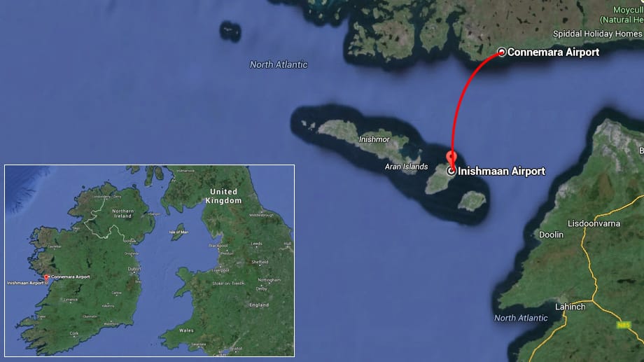 Aer Arann Islands bedient mehrmals täglich die Strecke von Connemara auf die irische Insel Inis Meáin. Flugzeit laut Flugplan: Acht Minuten.