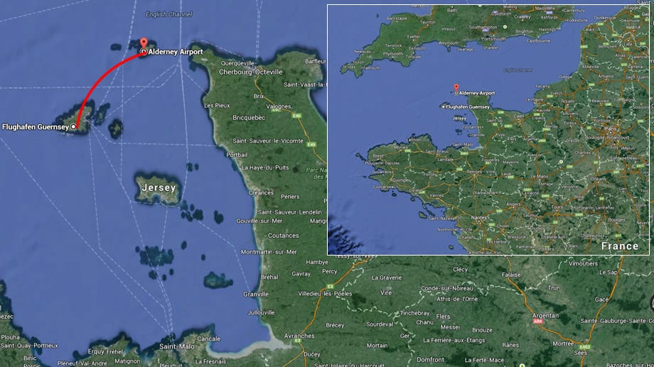 Kurzstrecke vor Frankreich: Der Flug zwischen den englischen Kanalinseln Guernsey und Alderney dauert offiziell 15 Minuten.