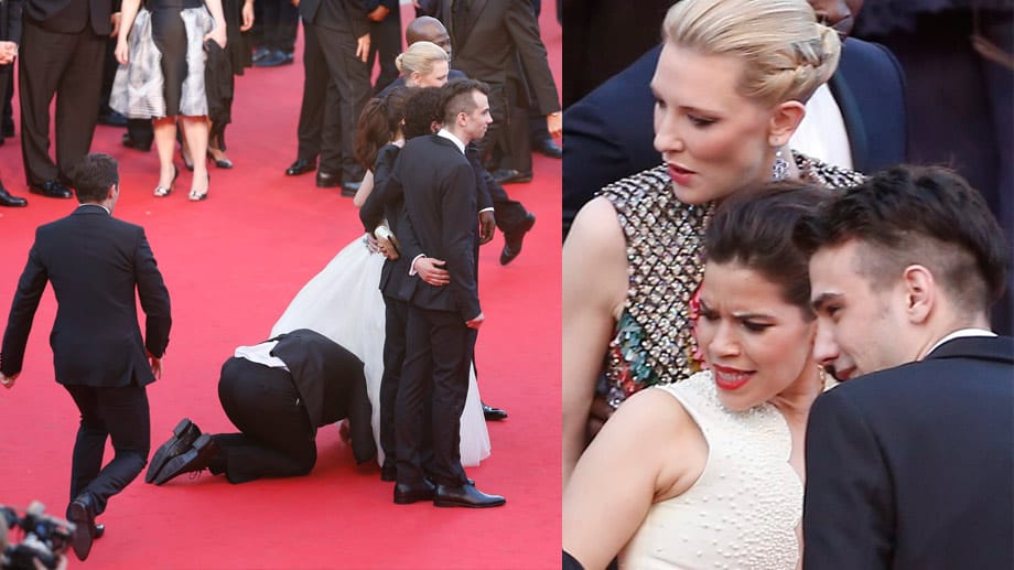 Unglaublicher Skandal in Cannes: Auf dem roten Teppich kroch ein Mann unter die Robe von America Ferrera. Unglaublicher Skandal in Cannes: Auf dem roten Teppich kroch ein Mann unter die Robe von America Ferrera.