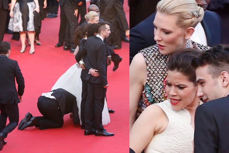Unglaublicher Skandal in Cannes: Auf dem roten Teppich kroch ein Mann unter die Robe von America Ferrera.