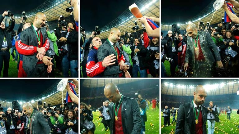 Natürlich gab es auch wieder die obligatorische Bierdusche für Trainer Pep Guardiola.