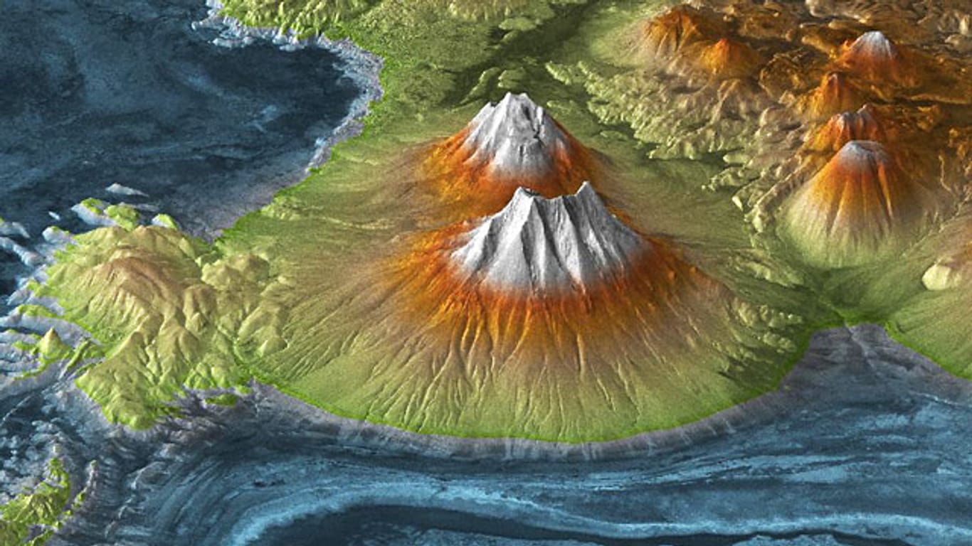 Die Aufnahme zeigt das Vulkangebiet der Atacama-Wüste sowie die größte Salzpfanne der Welt, die "Salar de Uyuni".