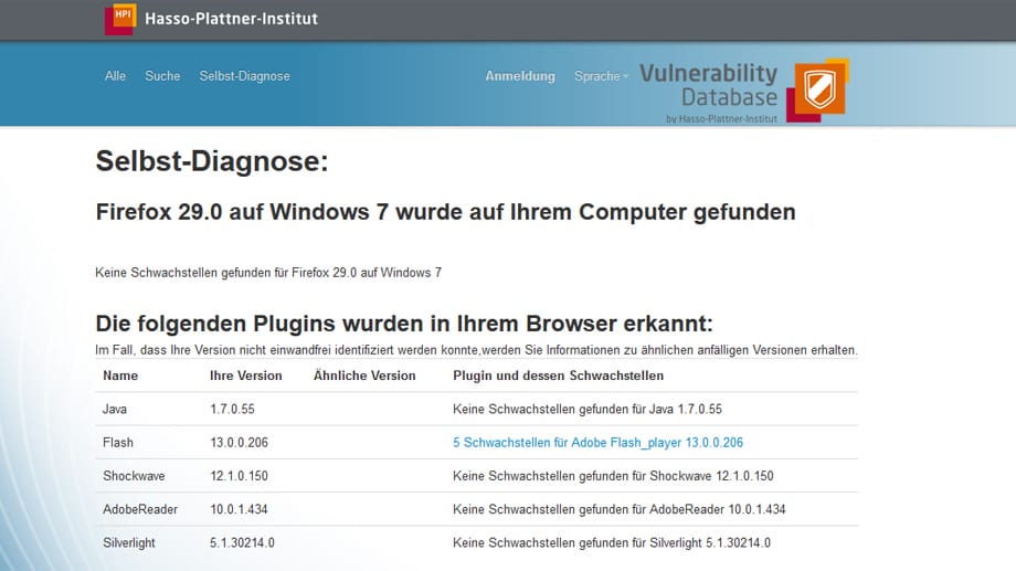 Mit Hilfe der Vulnerability Database kann der Nutzer seinen Computer auf Schwachstellen prüfen.