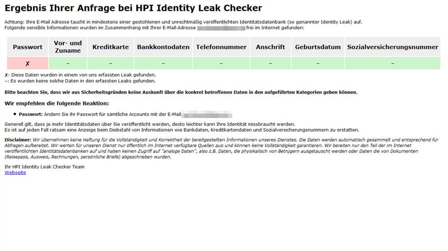 HPI Identity Leak Checker findet gestohlenes Passwort