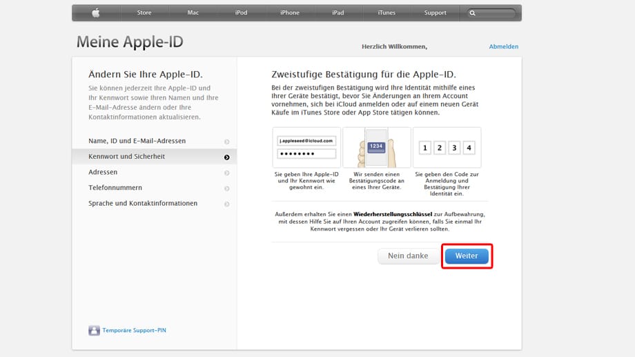 Zunächst erklärt Apple Ihnen dann, wie die Zweistufige Bestätigung funktioniert.