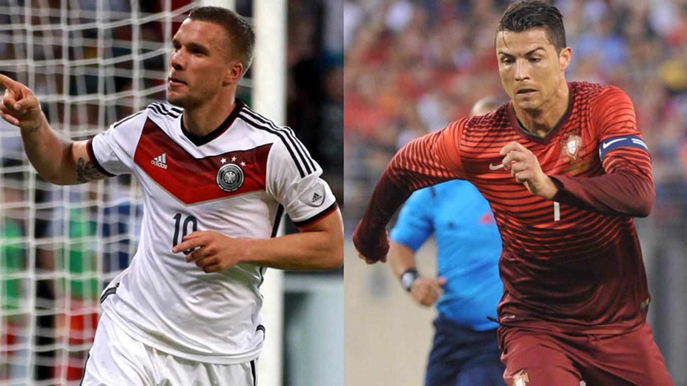 Lukas Podolski (li.) trifft mit dem DFB-Team im ersten Spiel auf Portugal und Cristiano Ronaldo.