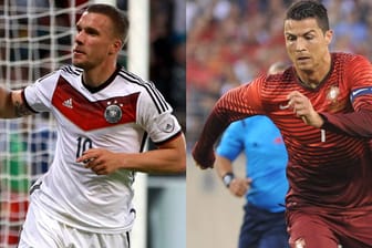 Lukas Podolski (li.) trifft mit dem DFB-Team im ersten Spiel auf Portugal und Cristiano Ronaldo.
