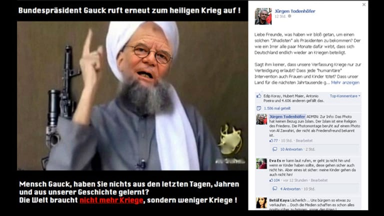 Auf seiner Facebookseite hat Todenhöfer in einer Fotomontage den Bundespräsidenten als Dschihadisten dargestellt