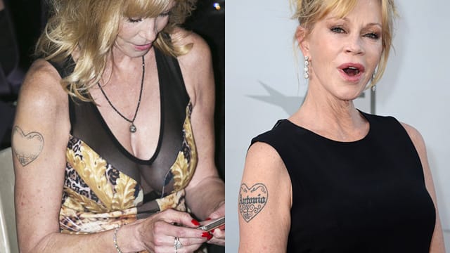 Keine Lust mehr auf Antonio: Melanie Griffith zeigte sich in Taormina (li.) mit verdecktem Tattoo. Am 5. Juni (re.) war es noch deutlich zu sehen.