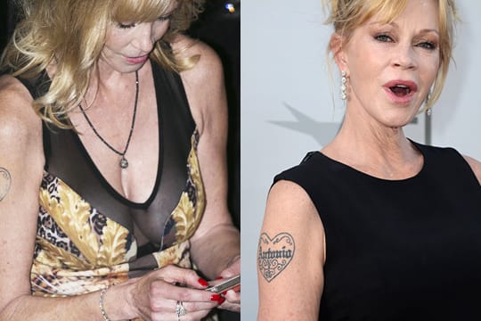 Keine Lust mehr auf Antonio: Melanie Griffith zeigte sich in Taormina (li.) mit verdecktem Tattoo. Am 5. Juni (re.) war es noch deutlich zu sehen.