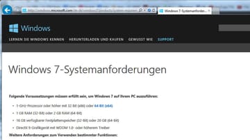 Microsoft informiert auf einer Webseite über die Mindestanforderungen für Windows 7
