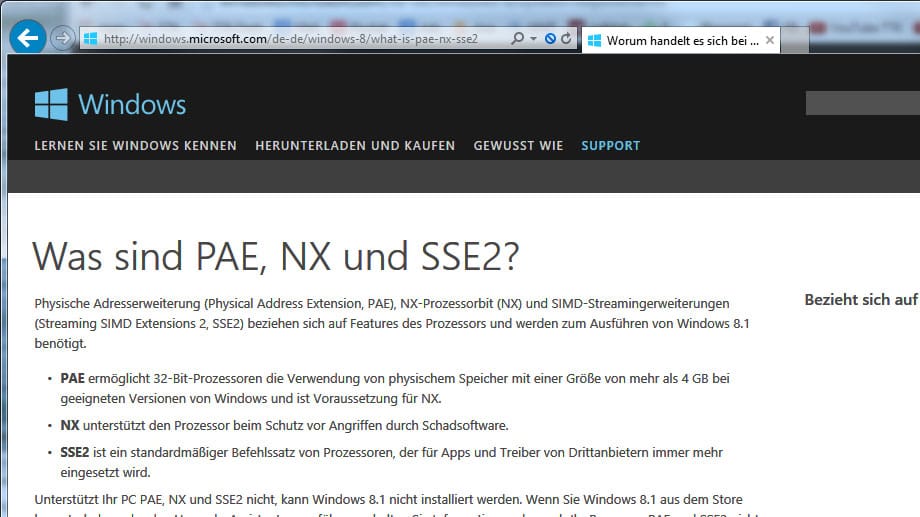 Windows 8.1 braucht einen Prozessor mit PAE-, NX-/XD- und SSE2-Unterstützung.