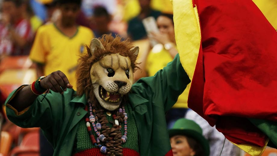 Der Spitzname der Kamerun-Fußballer bedeutet übersetzt so viel wie "die unbezähmbaren Löwen". Kein Wunder also, dass die Fans sich mit Löwenmasken zusätzlich zu den Nationalfarben ausstatten.