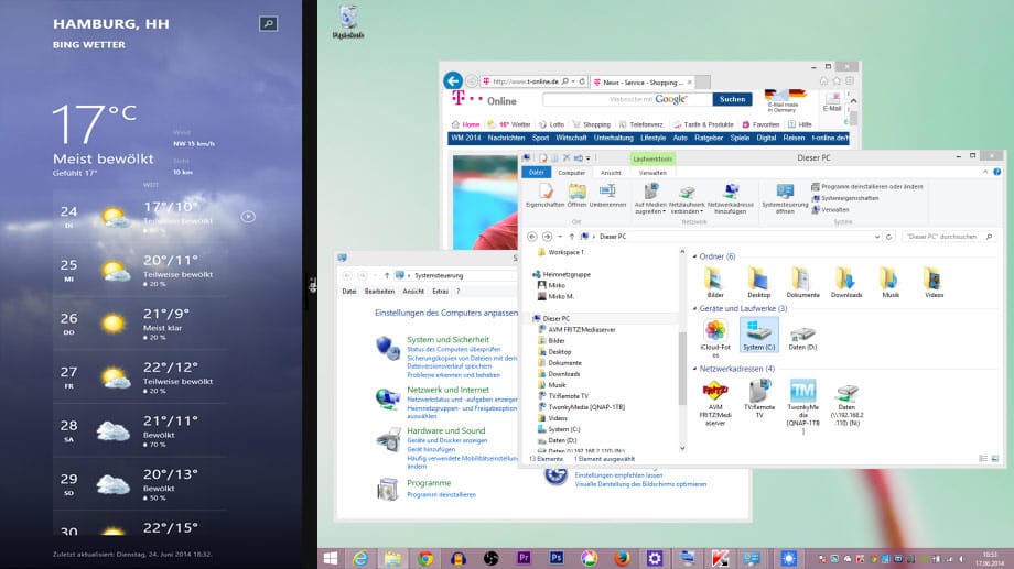 Klassischer Desktop und moderne Kachel-Apps lassen sich in Windows 8.1 nebeneinander anordnen.