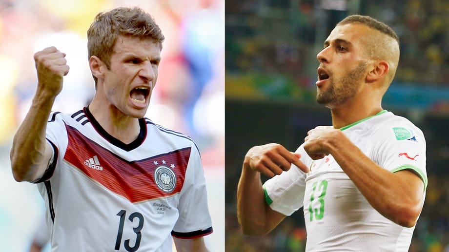 Spannendes Duell: Vier-Tore-Schütze Thomas Müller (li.) gegen den zwei Mal erfolgreichen Islam Slimani. Spannendes Duell: Vier-Tore-Schütze Thomas Müller (li.) gegen den zwei Mal erfolgreichen Islam Slimani.