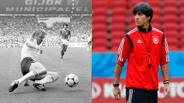 Links Horst Hrubesch, 1982 in der Partie gegen Österreich. Rechts Bundestrainer Joachim Löw sichtlich angespannt vor dem Achtelfinale gegen Algerien.