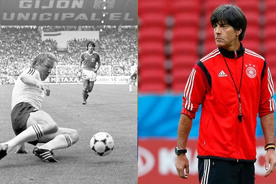 Links Horst Hrubesch, 1982 in der Partie gegen Österreich. Rechts Bundestrainer Joachim Löw sichtlich angespannt vor dem Achtelfinale gegen Algerien.