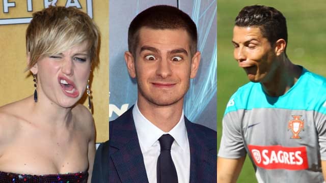 Jennifer Lawrence (li.) und Andrew Garfield (Mitte) amüsieren mit gestellten Grimassen, während Fußballstar Cristiano Ronaldo in diesem Fall eher ungewollt dumm aus der Wäsche guckt.