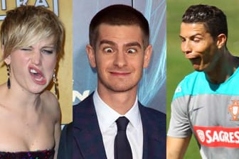 Jennifer Lawrence (li.) und Andrew Garfield (Mitte) amüsieren mit gestellten Grimassen, während Fußballstar Cristiano Ronaldo in diesem Fall eher ungewollt dumm aus der Wäsche guckt.
