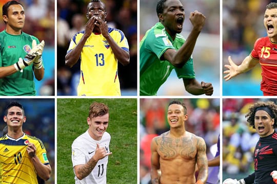 Torhüter Keylor Navas von Costa Rica, Enner Valencia aus Ecuador, Ahmed Musa aus Nigeria, Daniel van Buyten aus Belgien (oben li.n.re.), James Rodriguez aus Kolumbien, Antoine Griezmann aus Frankreich, Memphis Depay aus den Niederlanden und Torhüter Guillermo Ochoa aus Mexiko (unten li. n. re.).