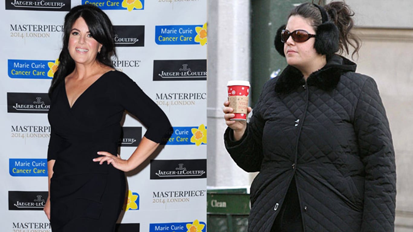 Zwischen diesen Bilder liegen Welten: Monica Lewinsky links mit deutlich schlankerer Silhouette bei einer Veranstaltung in London Ende Juni 2014, rechts noch sehr propper mit unvorteilhaft geschnittenem Mantel am Silvestertag 2005.