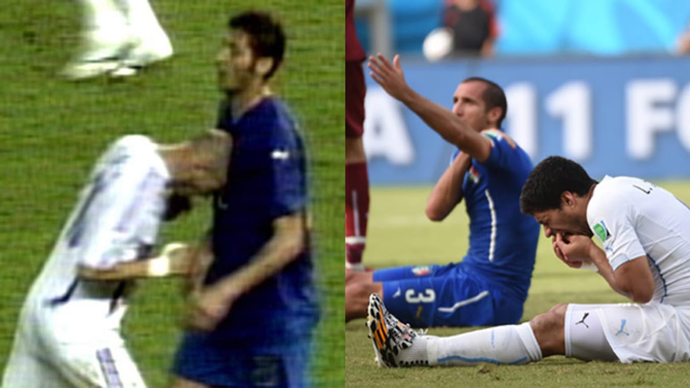 Bei der WM 2006 sorgt Zinedine Zidane (li.) für einen Skandal, acht Jahre später macht es Luis Suarez (re.) nicht besser.