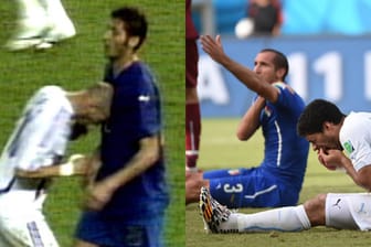 Bei der WM 2006 sorgt Zinedine Zidane (li.) für einen Skandal, acht Jahre später macht es Luis Suarez (re.) nicht besser.