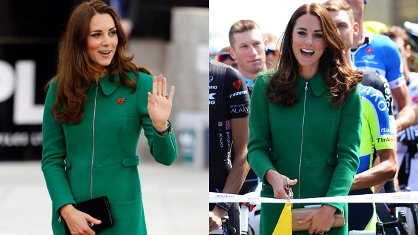 Herzogin Kate und ihr grüner Mantel: links im April in Neuseeland, rechts bei der Eröffnung der Tour de France