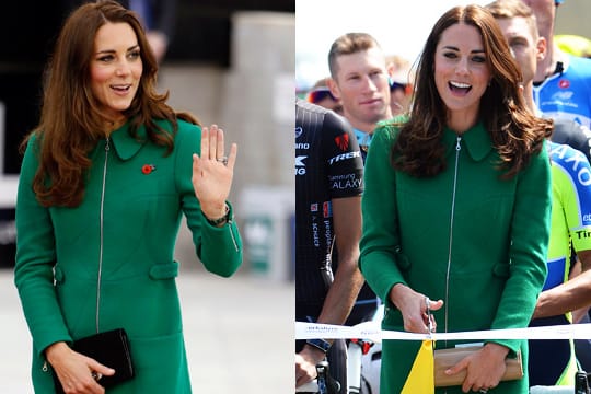 Herzogin Kate und ihr grüner Mantel: links im April in Neuseeland, rechts bei der Eröffnung der Tour de France