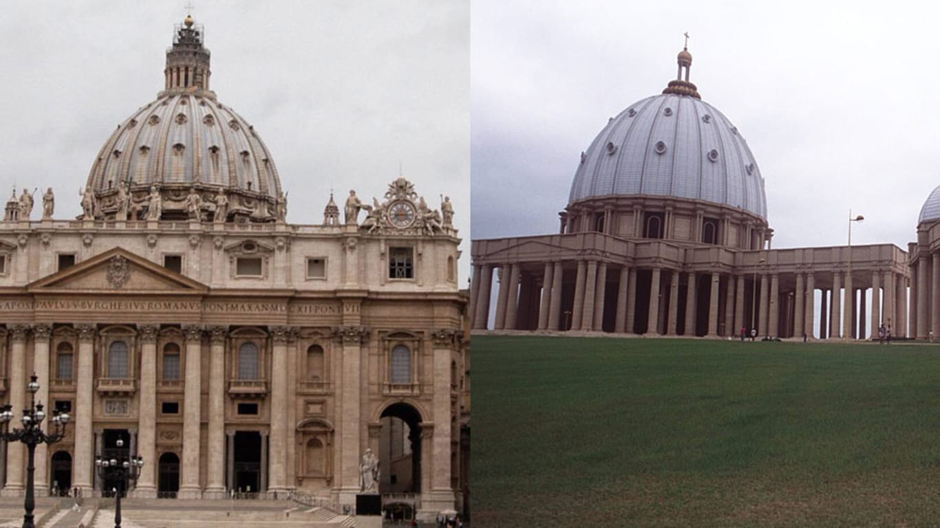 Der Petersdom in Rom (li.) und die ihm nachempfundene Basilika Notre Dame de la Paix in Yamoussoukro (re.)