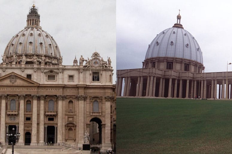 Der Petersdom in Rom (li.) und die ihm nachempfundene Basilika Notre Dame de la Paix in Yamoussoukro (re.)