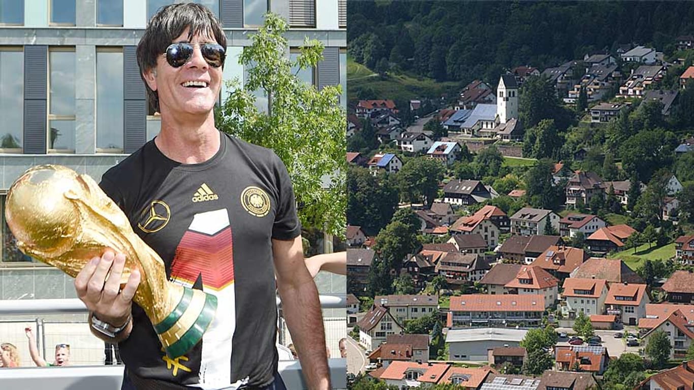 Joachim Löw mit dem WM-Pokal (li.) und sein Heimatort Schönau im Schwarzwald.