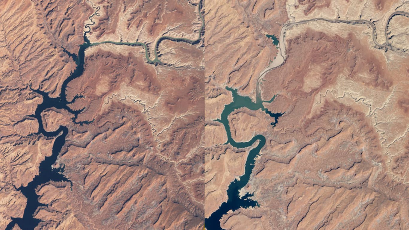 Der Colorado-River und der Lake Powell im März 1999 und rechts im Mai 2014.